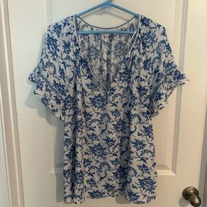 Blue and White Flutter Sleeve Ruffled Blouse